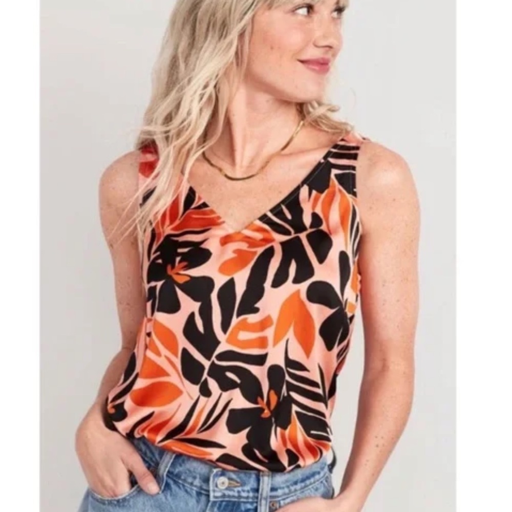 Old Navy Pink Floral V-Neck Camisole with Orange & Black Print